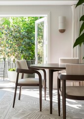 Scandinavian modern style dining room, dark oak floors, grey walls and large Windows facing the city, white armchairs and round tables, warm lighting, simple furniture.