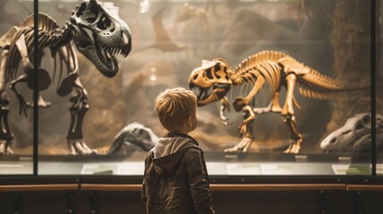 Child looking at a dinosaur skeleton in a museum, field trip, education - Powered by Adobe