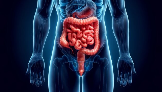 Medical Illustration of Human Digestive System Highlighting Constipation. Detailed medical illustration of the human digestive system focusing on constipation, showing the large intestine and rectum
