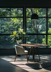 t's a minimalist modern restaurant with high ceilings and large Windows overlooking Green Lake. Lifestyle photography shows dark gray walls, a log table in the middle, white armchairs, plants in the c