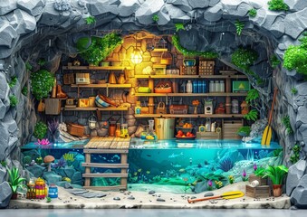 Magical Cave Library with Submerged Bookcases and Wildlife Scene Featuring a Tranquil Water Pool Surrounded by Crystals and Flora