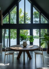Fototapeta premium t's a minimalist modern restaurant with high ceilings and large Windows overlooking Green Lake. Lifestyle photography shows dark gray walls, a log table in the middle, white armchairs, plants in the c