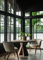 Fototapeta premium t's a minimalist modern restaurant with high ceilings and large Windows overlooking Green Lake. Lifestyle photography shows dark gray walls, a log table in the middle, white armchairs, plants in the c