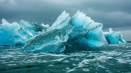 The ocean is filled with dazzling blue icebergs each with their own unique shape and size.