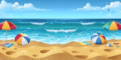 Obraz premium Beautiful summer beach with colorful umbrellas and beach balls, waves crashing on the shore under a clear blue sky with fluffy clouds