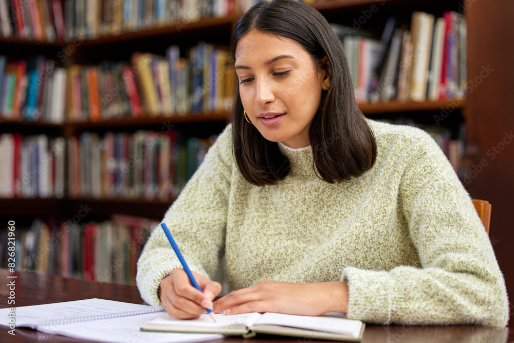 Poster university, reading and student with books in library for research, studying and learning. education