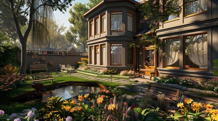 Obraz premium : A beautiful suburban home with a split-level design, featuring large bay windows and a brick facade. The garden is full of vibrant flowers, a small pond, and a wooden bench under a shady tree.