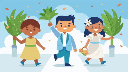 The sound of childrens laughter fills the air as they march down the aisle proudly waving their palm branches.. Vector illustration