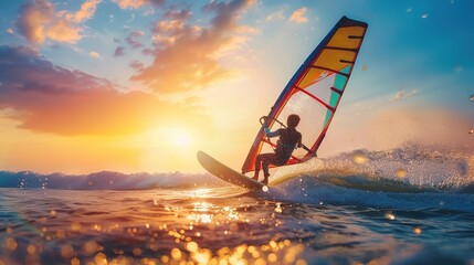 Child windsurfer in action, catching waves in sunset light