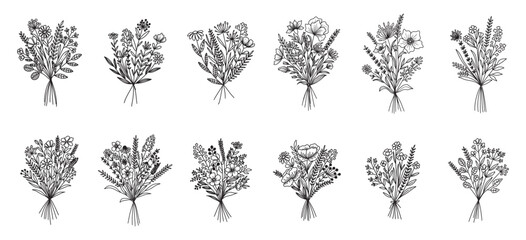 Set of flower bouquet vector. Hand drawn flower. Wildflower line art bouquets set, wild plant, botanical vector illustration