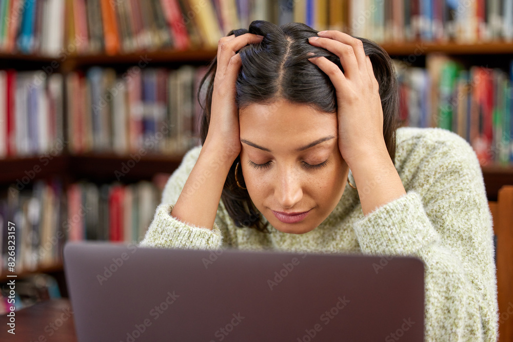 Aufkleber library, university and woman on laptop with stress for research, studying and learning. education, 