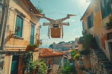 A drone is making a delivery in a picturesque Mediterranean village on a beautiful sunny day
