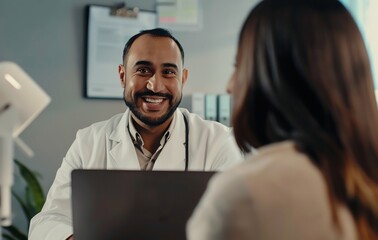 Fototapeta premium A smiling doctor in a white coat sat at a desk and listened to the patient's woman in the office talk about her physical pain