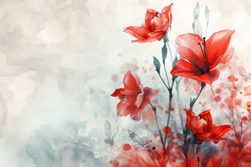 Painting shows red flowers on white, featuring a beautiful botanical scene