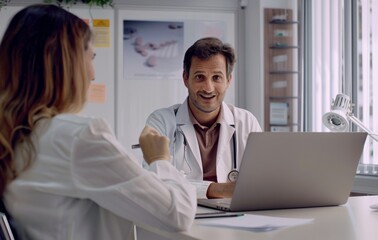 Fototapeta premium A smiling doctor in a white coat sat at a desk and listened to the patient's woman in the office talk about her physical pain
