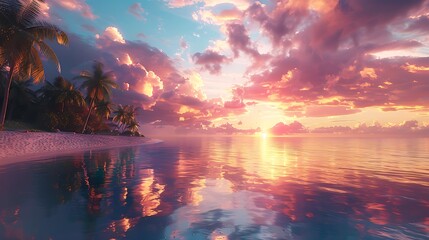 Fresh view of a beach with palm trees and a colorful sky
