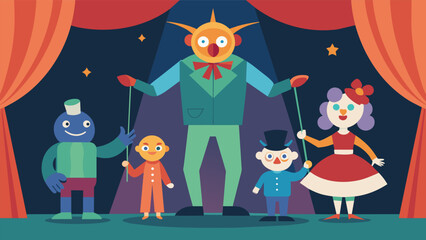 Puppets of all shapes and sizes come to life on stage each representing a different aspect of the human experience offering a powerful and relatable. Vector illustration