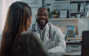 Fototapeta premium A smiling doctor in a white coat sat at a desk and listened to the patient's woman in the office talk about her physical pain