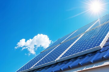 solar panels on the roof of a house under a bright blue sky, symbolizing clean energy, innovative technology and sustainable future, renewable energy