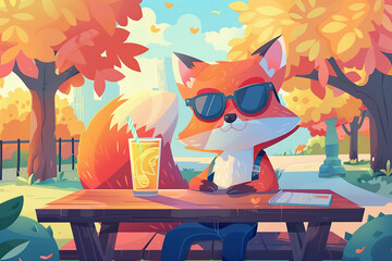 A fox with sunglasses on, relaxing at a picnic table - Powered by Adobe