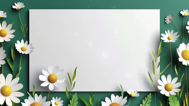 Blank and plain white paper with dark green background and beautiful daisy flowers in paper cut style. Greeting video or valentines card.