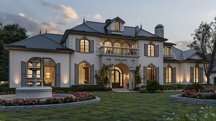 Fototapeta premium : A luxurious suburban home with a French Provincial design, featuring tall windows with shutters, a steeply pitched roof, and a beautifully manicured front lawn with rose bushes and a stone fountain.