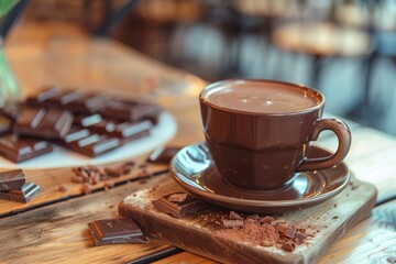 selective focus close up home made hot chocolate Wood table top with chocolate in cafe or (coffee...
