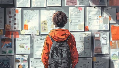 student gazing at a bulletin board filled with school events and activities