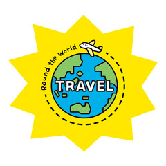 Round the Worldの文字と、飛行機と地球のイラスト