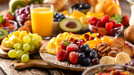 rich and beautiful breakfast brunch with fresh fruits berries banana strawberry blueberry raspberry kiwi granola with rolled oat yogurt and orange juice on a wooden table