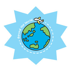 Round the Worldの文字と、飛行機と地球のイラスト