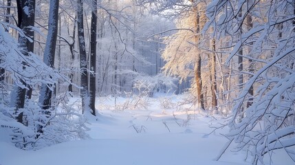Fototapeta premium The image shows a beautiful winter forest with snow-covered trees and a bright sun shining through the trees.