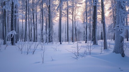 Obraz premium The image shows a beautiful winter forest with snow-covered trees and a bright sky.