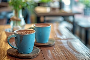 selective focus close up home made hot chocolate Wood table top with chocolate in cafe or (coffee shop,restaurant ) Selective focus background - generative ai - Powered by Adobe