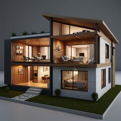 Modern home cross section, 3d rendering minimalist