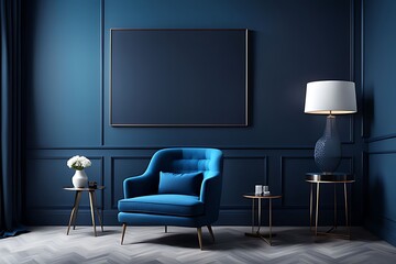 Blue living room - modern interior with luxurious furniture. Art mockup: empty navy, dark black wall, deep cobalt chair, blank cyan background. Premium lounge hall. 3D render