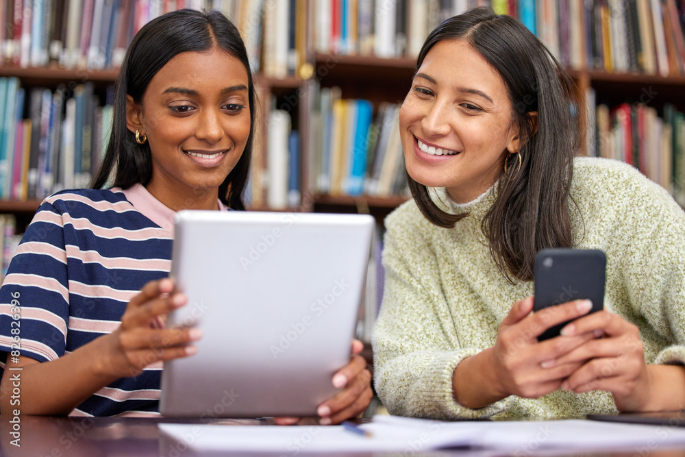 Poster student, friends and tablet in university library or online research as group project, learning or e