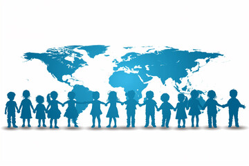 Vector illustration of children holding hands, standing in front of the world map representing unity and togetherness, friendship among young people and adults around the globe suitable for World Chil