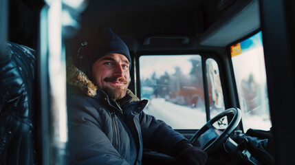 happy smiling truck driver man in winter without heating
