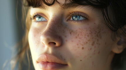 close shot of young woman teenager girl with major skin problems freckles brown spot pimpes acne