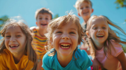 Fototapeta premium Bunch of cheerful joyful cute little children playing together and having fun
