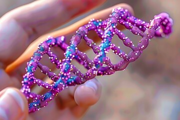 Close up of a pink glittery DNA model held by hand, against a blurred natural background, blending elements of glamour and science for unique educational use