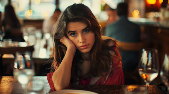woman get bored from her romantic date partner in a restaurant