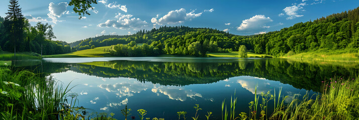 Tranquil Lake Surrounded by Forest with Wildflowers in Foreground and Rolling Hills Under a Clear Blue Sky with Fluffy Clouds