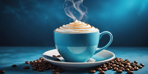 A steaming cup of cappuccino with frothy foam on a saucer with a spoon, against a blue background, evoking a sense of warmth and refreshment.