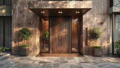 A modern interpretation of the Mordent building door with a builtin intercom system for visitor communication