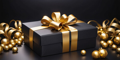 A black gift box with a gold ribbon, surrounded by golden baubles on a dark background, conveys luxury and celebration