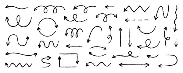 Chalk pencil arrows doodle set. Crayon swirls, direction pointers in sketch style, Grunge texture. Hand drawn vector illustration isolated on white background