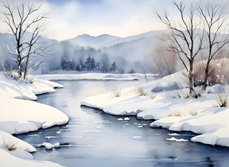  Winter River Landscape Watercolor Art
