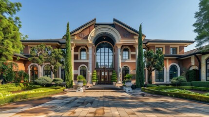 Fototapeta premium : An elegant suburban mansion with a grand entrance and a sweeping driveway, surrounded by beautifully manicured gardens and t